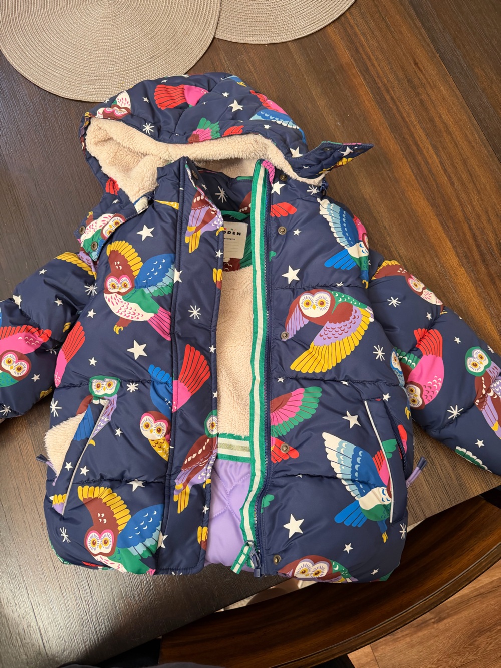 Boden Navy Hooded Kids Puffer Jacket with Colorful Owl Print